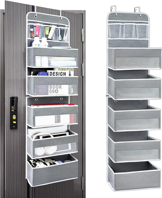 Sturdiness Over The Door Organizer, 6 Tiers Anti Tilt Hanging Behind Door Storage, Heavy-Duty Reinforced Mesh Rack Holds 44lb for Bathroom,Pantry, Nursery,Closet, Shoes, Towels,Grey
