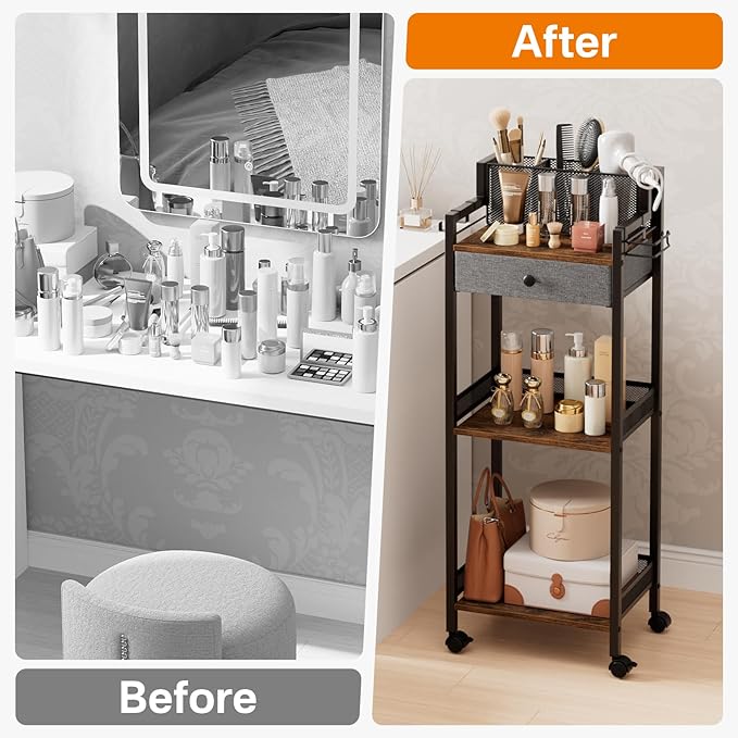 Bathroom Shelves with Drawer, 3 Tier Metal Rolling Standing Unit Storage Organizers with Toilet Paper Holder, Multifunctional Floor Corner Rack for Cosmetic, Dryer Curling Irons 12.8in Wide