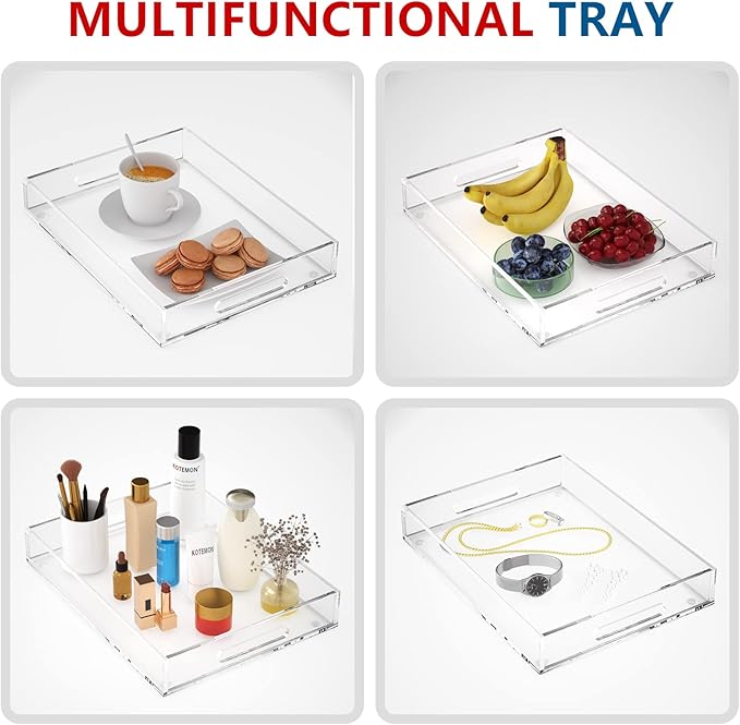 KOTEMON Acrylic Serving Tray with Handles-16x12x2.36Inch-Decorative Tray Letter Tray Organizer for Ottoman Coffee Table Countertop, Clear