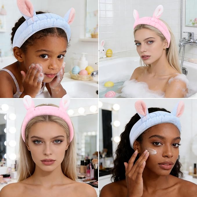 YISSION Cute Bunny Ear Spa Headband for Women and Girls - Soft Plush Makeup Headband for Face Washing, Skincare, Shower, Easter Party Favors (2 Pack, Pink & Blue)