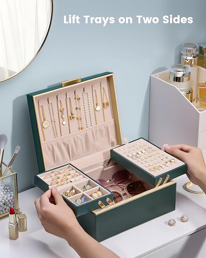 Lolalet Jewelry Box Organizer for Women Girls, 2 Layer Jewelry Organizers and Storage for Necklace Earrings Rings Bracelets, Large Jewellery Holder Case Birthday Valentine Gifts -DarkEmerald