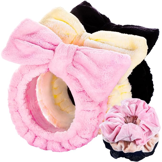 LEOBRO Spa Headband for Skin Care and Makeup, Headbands for Washing Face for Teen Girls Women, with Hair Scrunchies, Basket Valentines Gifts for Girls Women (Pink & Creamy White & Black)