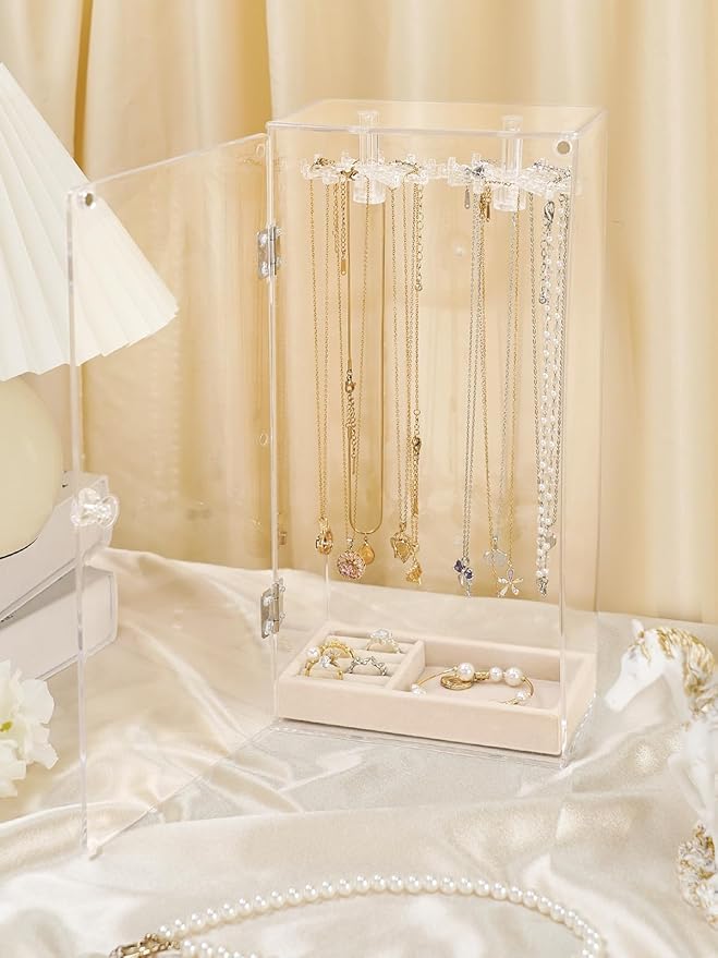 Necklace Holder, Acrylic Necklace Organizer, Rotatable Clear Jewelry Holder Organizer Display Case for Long Necklaces Pendant Bracelets, Jewelry Holder Box with Velvet Tray for Rings Earrings