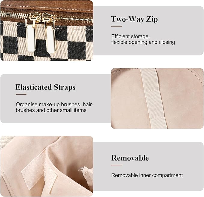 honitty Makeup Bag, Checkered Make up Case with Compartments and Handle, Portable Cosmetic Organizer Bags,Toiletry Bag for Women