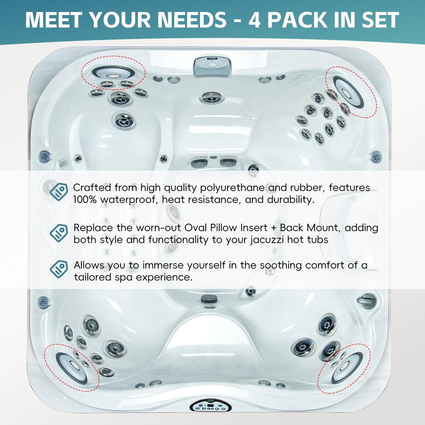 4 Pack 2472-824 Spa Oval Pillow Insert and Back Mount Fit for 2004–2018 Jacuzzi J-300 Series Hot Tubs & Spas, 2455-263 Hot Tub Headrest Replacement Spa Pillows - Enhanced Support