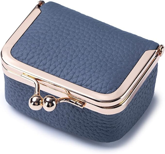 Genuine Leather Mini Jewelry Box - Vintage-Inspired Travel Jewelry Organizer with Kiss Lock, Compact Ring Box for Women, Perfect for Earrings, Rings, Necklaces, Bracelets (B Blue)