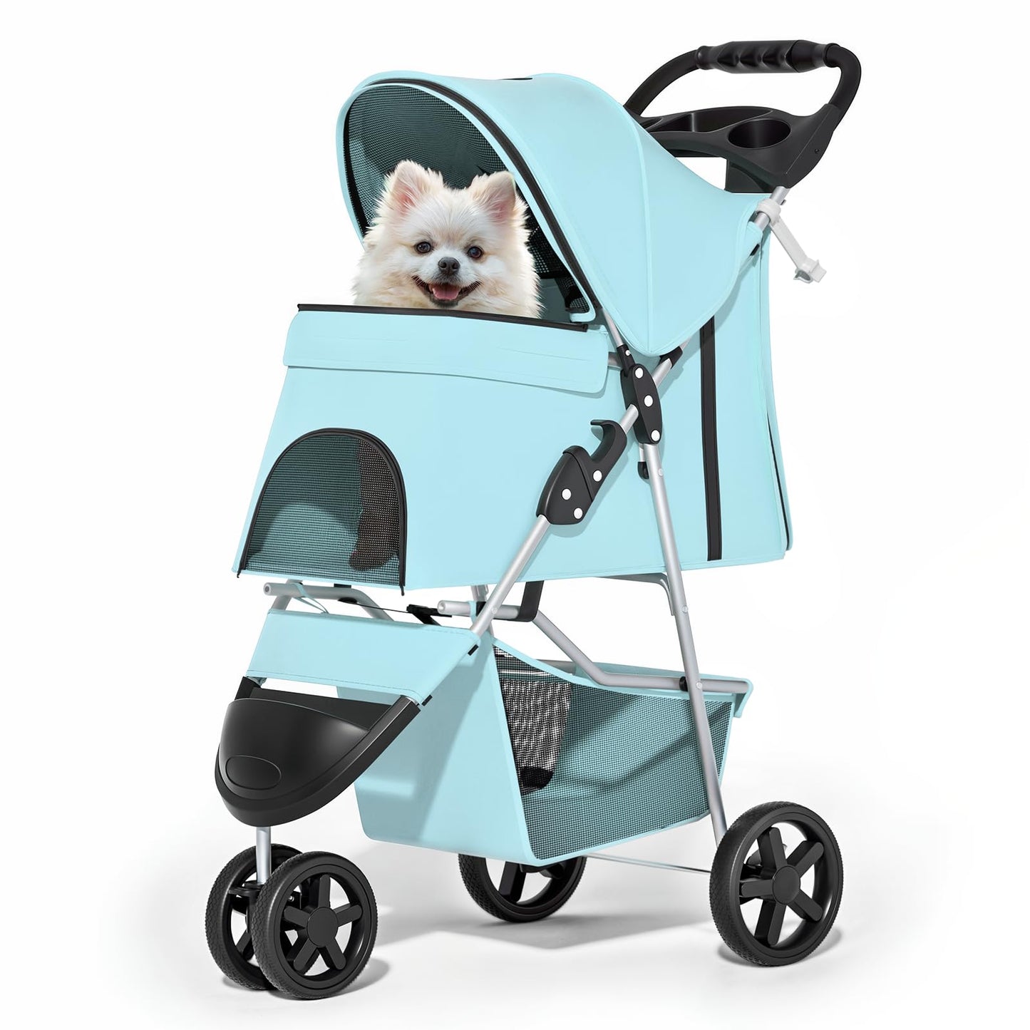MoNiBloom 3 Wheels Pet Dog Cat Stroller for Small Medium Dogs Cats, Lightweight Foldable Jogger Stroller w/Storage Basket and Cup Holder, Mint Green