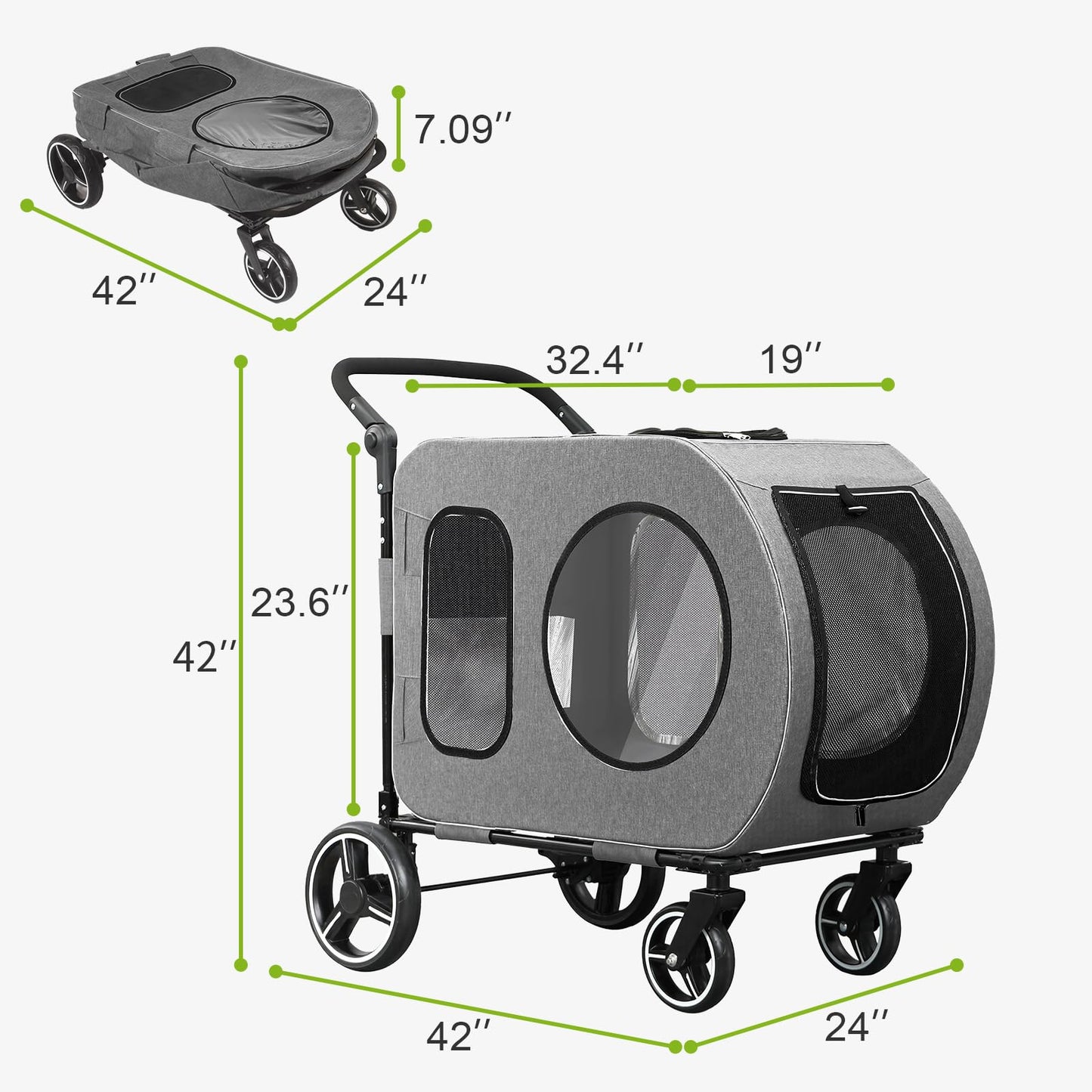 Saudism Large Dog Stroller for Medium Dogs，Pet Stroller for 2 Small Dogs, Foldable Jogger Wagon with Detachable Carrier for Car Seat, Adjustable Handle, Up to 90 lbs, Gray