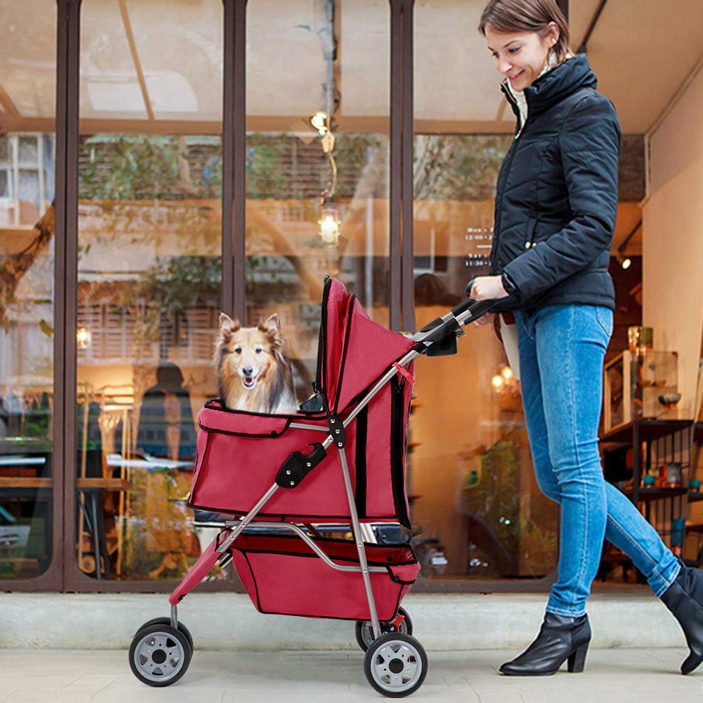 BestPet 3 Wheels Pet Dog Stroller Cat Cage for Medium Small Dogs Cats Travel Folding Carrier Waterproof Puppy Stroller with Cup Holder & Removable Liner,Red