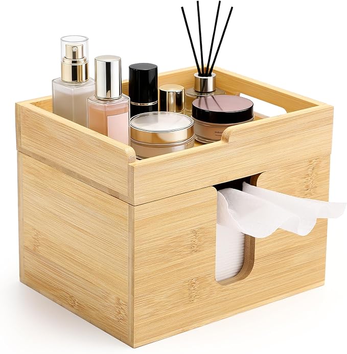 Bamboo Face Towel Holder with 120 XL Towels - Open-Top Skincare Organizer for Facial Cleansing Wipes & Beauty Essentials - Bathroom Countertop Vanity Organizer