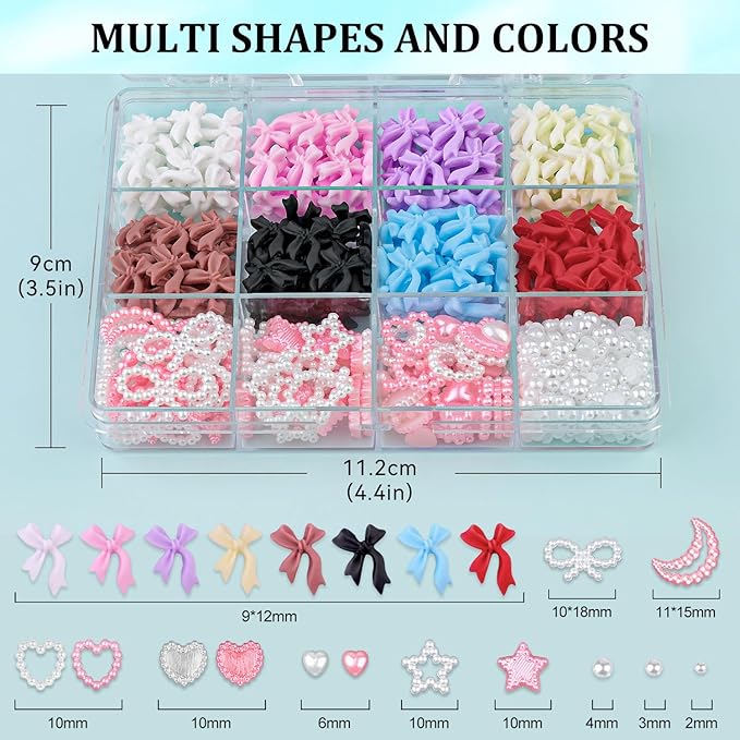 600 Pcs 3D Nail Charms and Flatback Pearls Set 6, 8 Colors Nail Bows Charm + Pink&White Star Heart Moon Cute Nail Jewels + 2-4mm White Nail Pearls for Nail Art DIY Decoration with Pickup Tools