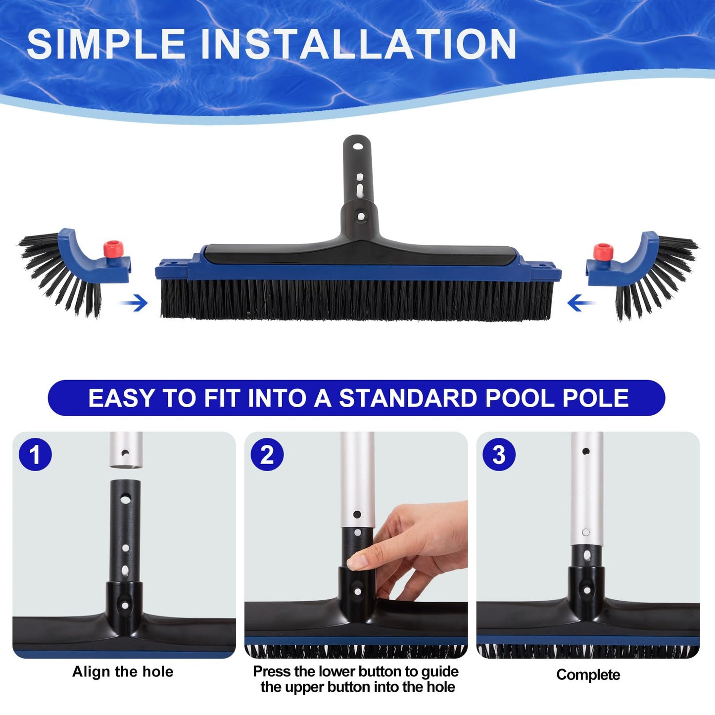 POOLAZA 20'' Pool Brush, Curved Ends Pool Brush Head for Inground Pools with BPT Bristles & EZ Clip, Premium Pool Brushes for Cleaning Pool Walls & Floors, Heavy Duty High-Efficiency Pool Scrub Brush
