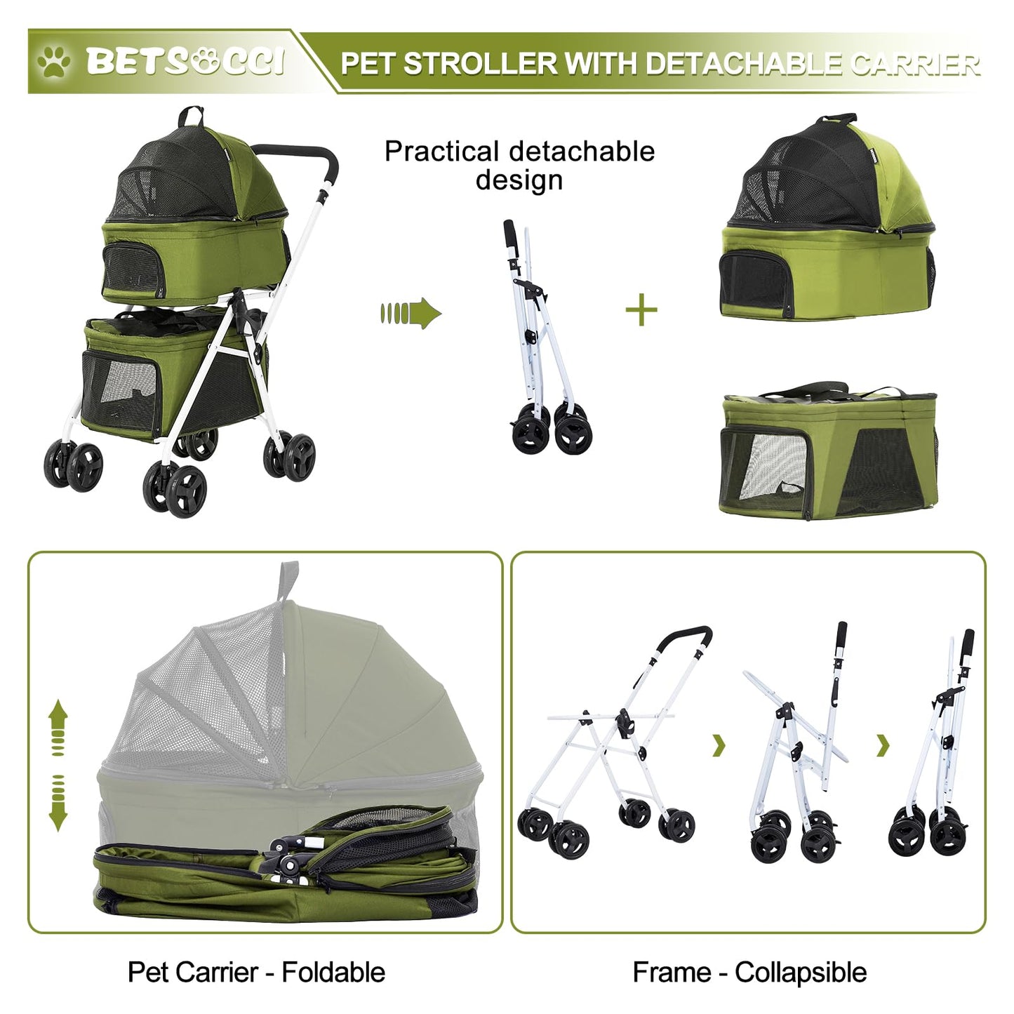 BETSOCCI Double Dog Stroller with 2 Detachable Carrier, Portable Pet Stroller for Small Dogs & Cats Folding Lightweight Puppy Travel Carriage, 4 Wheels, Olive Green
