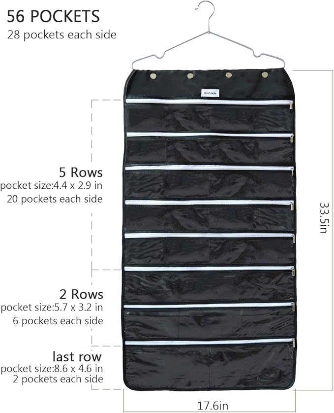 BB Brotrade Hanging Jewelry Organizer,Accessories Organizer,56 Zipper Pocket Organizer for Holding Jewelries (Black-Zipper)