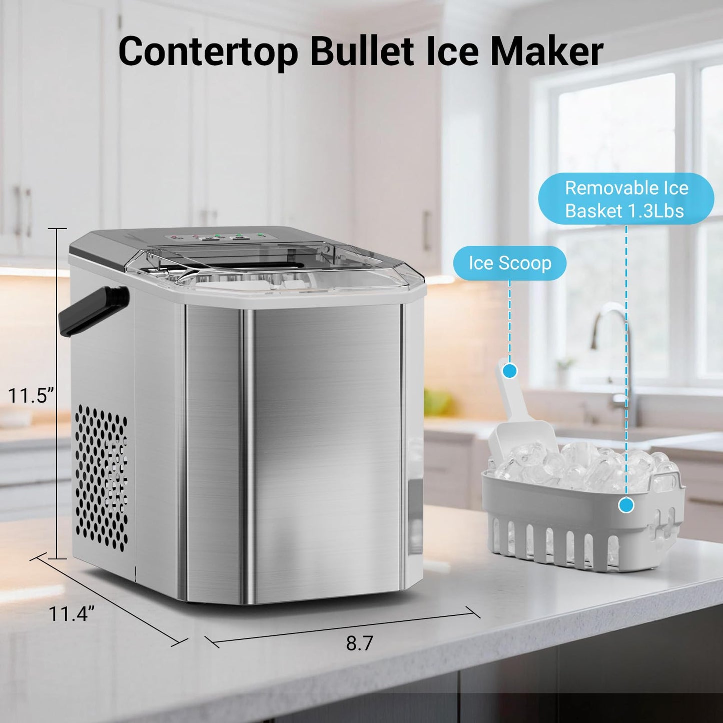 Portable Ice Maker Countertop with WiFi, 9 Cubes Ready in 6 Mins, 28lbs/Day, 2 Sizes of Bullet, Self-Cleaning Ice Machine with Ice Scoop and Basket Home Kitchen Office Bar Party