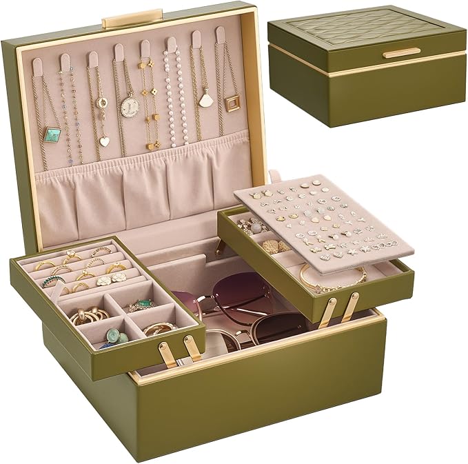 Lolalet Jewelry Box Organizer for Women Girls, 2 Layer Jewelry Organizers and Storage for Necklace Earrings Rings Bracelets, Large Jewellery Holder Case Birthday Valentine Gifts -Olive Green
