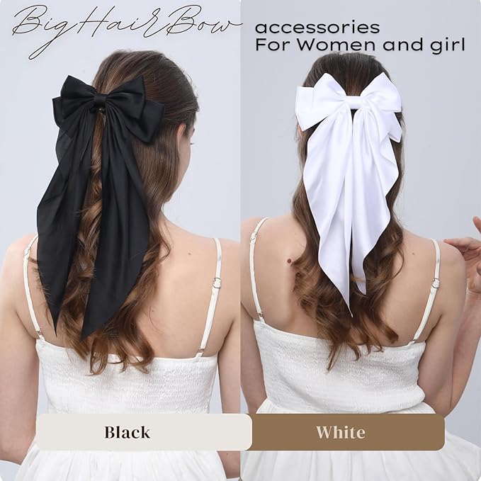 2PCS Big Hair Bow Clips for Women Girls Ã¢ÂÂ Black & White Ribbon Bow Barrettes with Long Tails, Large Satin Hair Accessories for Ponytail, Party, Wedding, Daily Styling