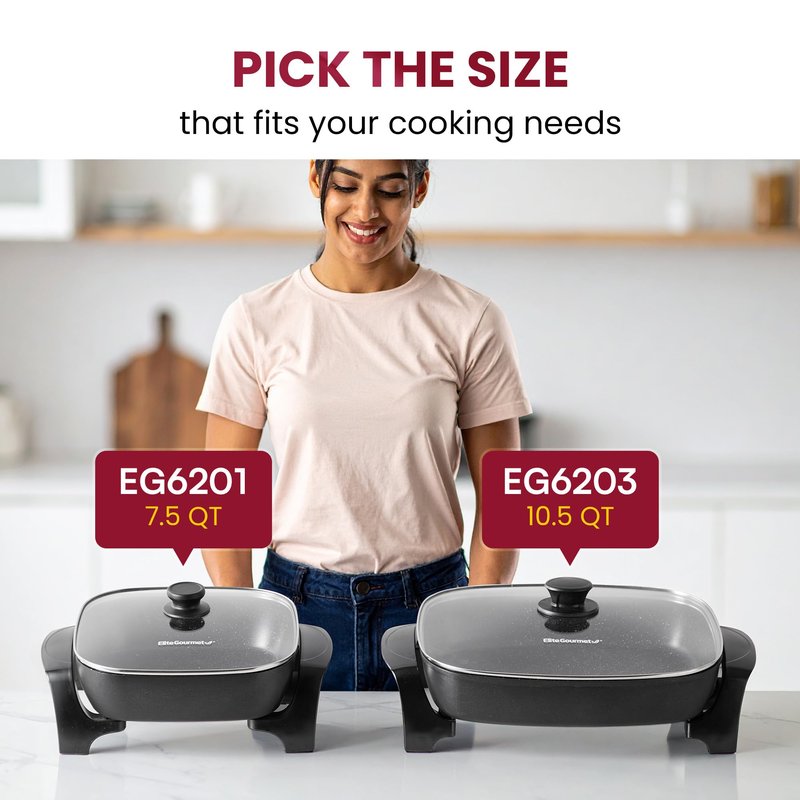 Elite Gourmet EG-6203# Extra Deep 16"x13" (10.5 Qt.) Non-Stick Electric Skillet with Glass Vented Lid & Pour Spout | Dishwasher Safe, Long-Lasting Non-Stick, 200-400°F | Serves 6-8, Black