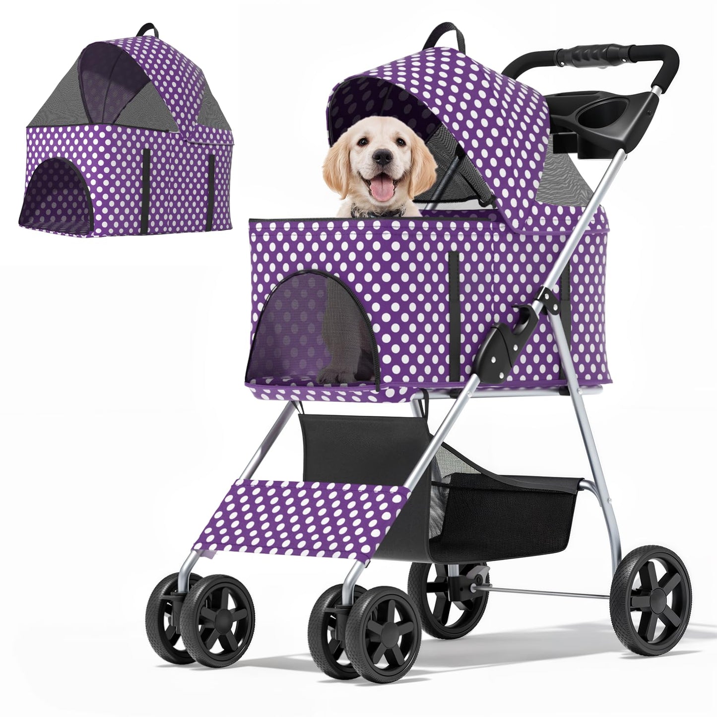 MoNiBloom 3 in 1 Foldable Pet Stroller for Small & Medium Dogs, Detachable Carrier, Car Seat, Push Button Entry, 4-Wheel Jogger for Pets up to 33 lbs, Purple Polka Dots