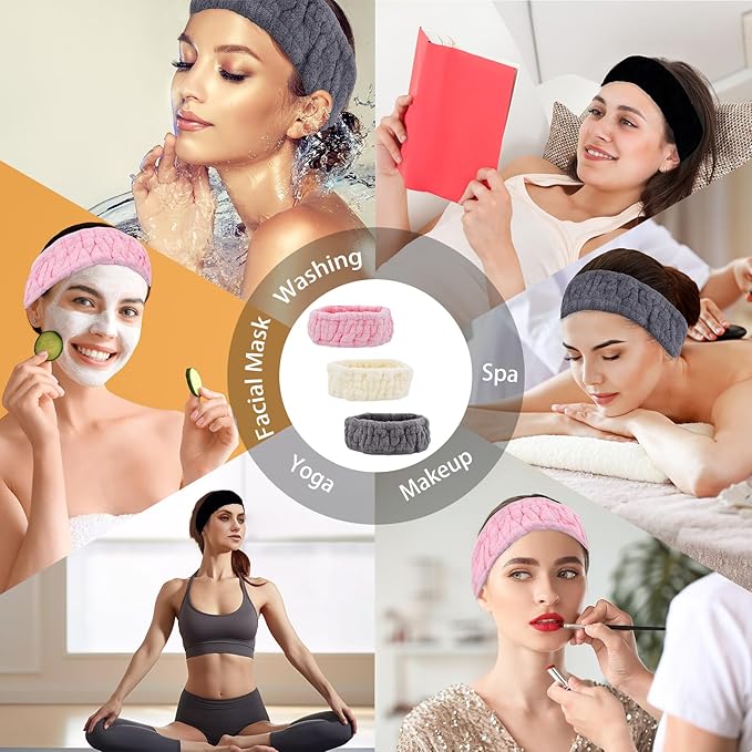 Microfiber Spa Headband 3-Pack, Soft Terry Cloth Headband for Washing Face, Facial Mask, Makeup, Shower, Yoga, Gift for Women and Teens (Gray+Milk White+Pink)