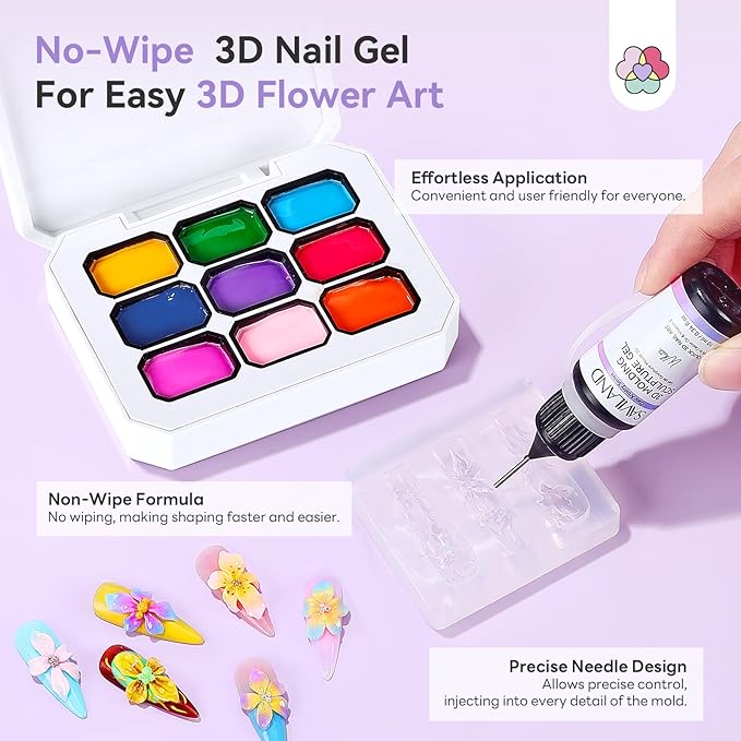 SAVILAND 3D Patting Gel Polish Kit: 9 Colors Pat Gel Polish Palette No-Wipe Blooming Gels Nail Polish 3D Nails Sculpting Gels with Flowers Shape Silicone Mold Sponges for Ombre Aura Nails Art DIY