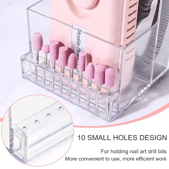 Noverlife 10 Holes Mini Nail Drill Machine & Bits Storage Box, Transparent Nail Drill Grinding Bit Organizer, Plastic Nail Drill Tool Displayer Holder Case (Not Included Nail Drill Machine & Bit)