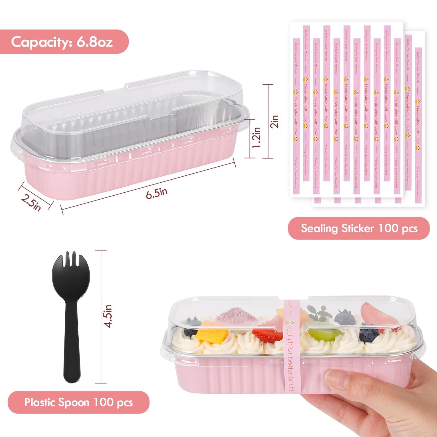 YQER 100 Pack Mini Loaf Pans with Lids and Spoons Sealing Sticker, 6.8oz Mini Cake Pans for Baking, Disposable Aluminum Foil Loaf Pans, Pink Loaf Baking Pans, Small Cake Containers With Lids