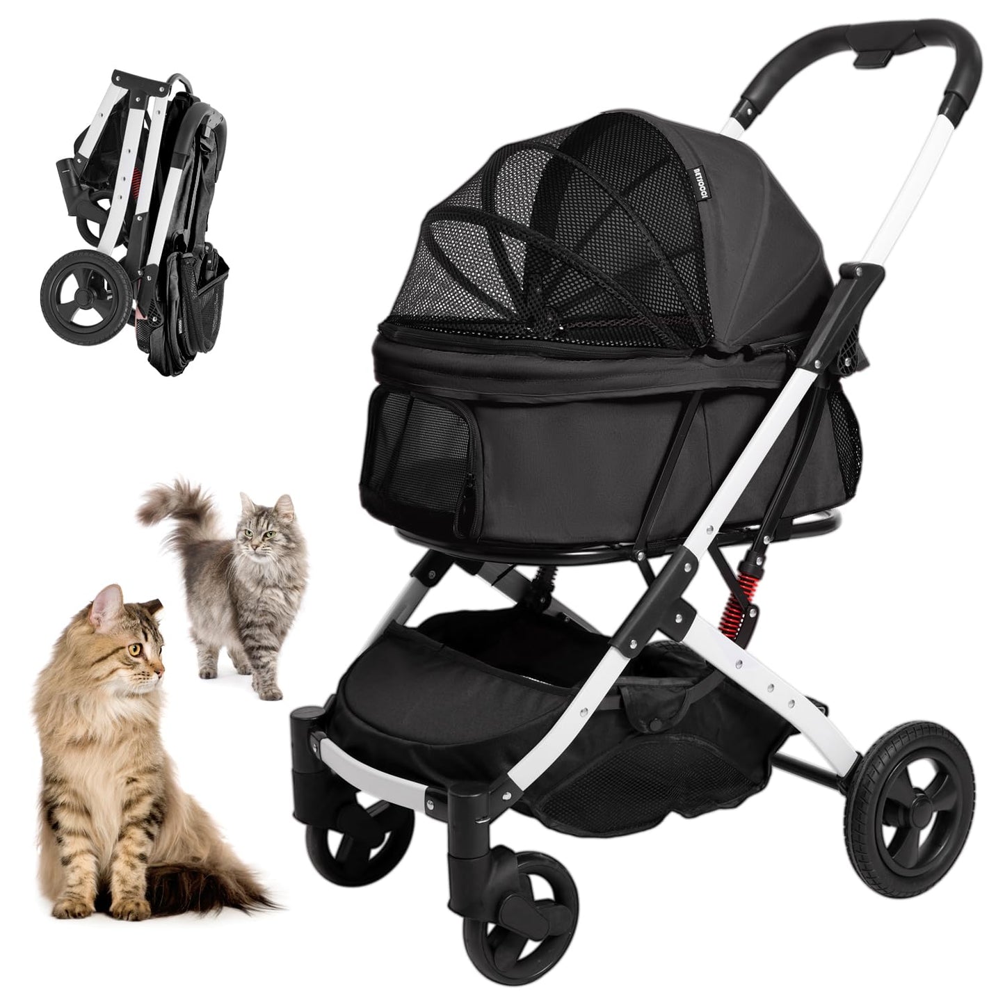 BETSOCCI Pet Stroller for Medium Small Dog & Cat, Foldable Lightweight Dog Stroller with Storage Basket Pet Travel Carriage with Safety Leashes, 4 Wheel, Black