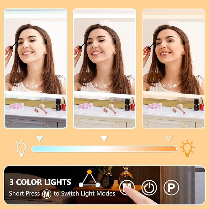 23"x18" Gold Vanity Mirror with Lights, Led Makeup Mirror, Lighted Makeup Mirror with 3 Color Dimmable Lights, Smart Touch Screen Control, Aluminum Metal Frame,USB Charging Port