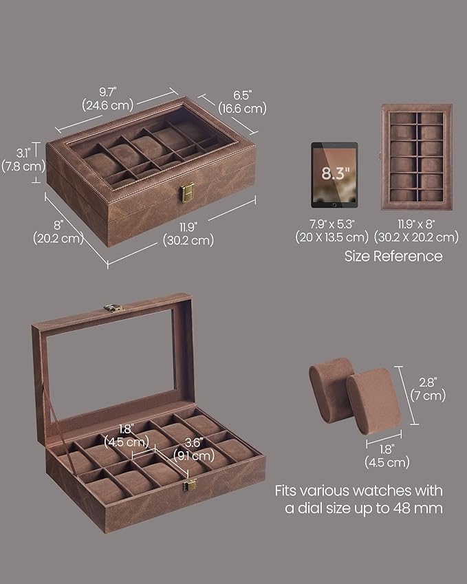 SONGMICS Watch Box, 12-Slot Watch Case Organizer with Large Glass Lid, Removable Pillows, Gift for Loved Ones, Coffee Brown Synthetic Leather, Coffee Brown Lining UJWB120KQ01S