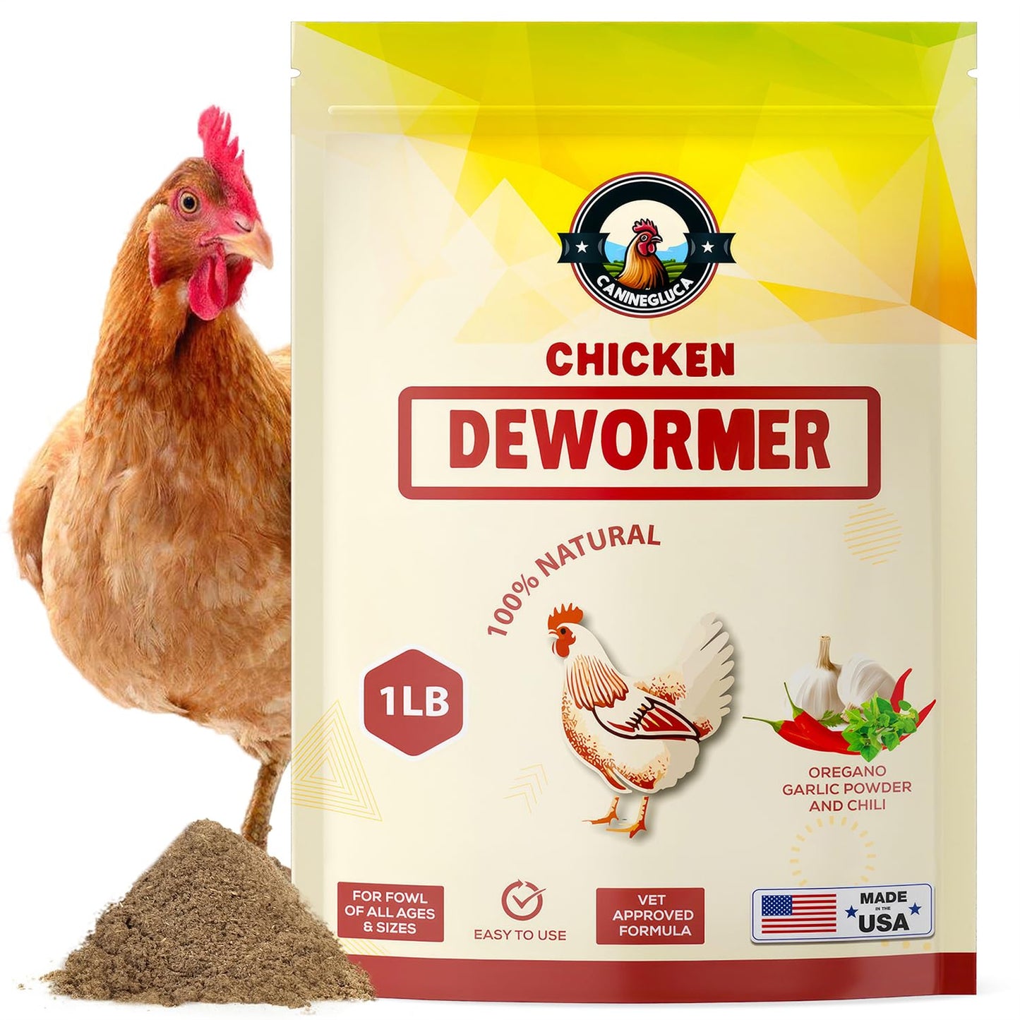 Natural Chicken Dewormer Powder, Chili Mix Formula, 1LB XL Pouch, Poultry Wormer for Laying Hens, Egg Safe, Gut Health Support, US-Made for Backyard Flocks