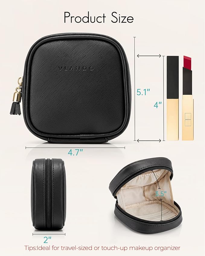 VLANDO Mini Makeup Bag, Small Makeup Bag for Purse with Slip-in Pockets, Portable Travel Toiletry Bag with Zipper, Waterproof Travel Essentials for Women-Black