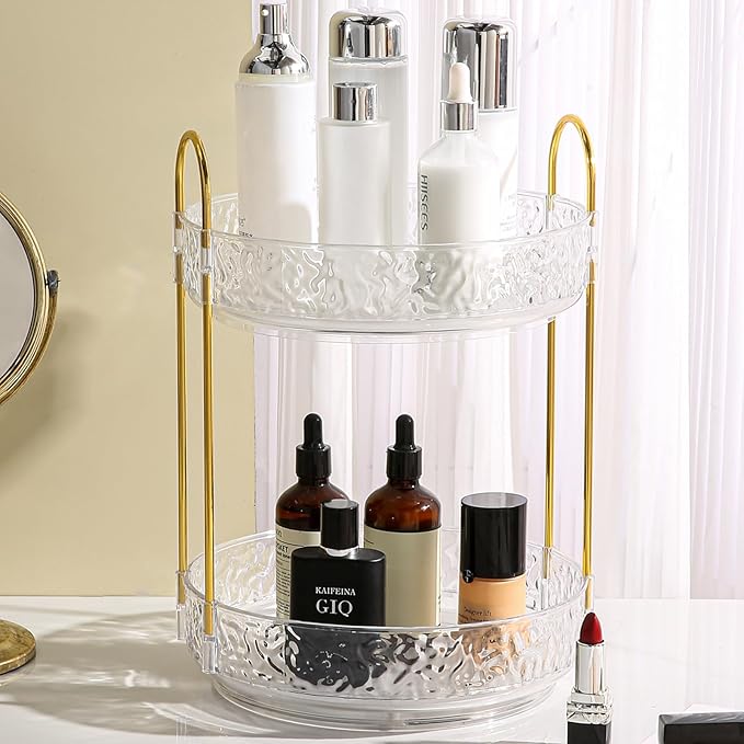 Fangoo 2 Tiers Clear Rotating Makeup Organizer for Vanity, 360 Spinning Skincare Organizers for Dresser Perfume Organizer Large Skincare Make up Storage Cosmetic Organizer for Bathroom Countertop