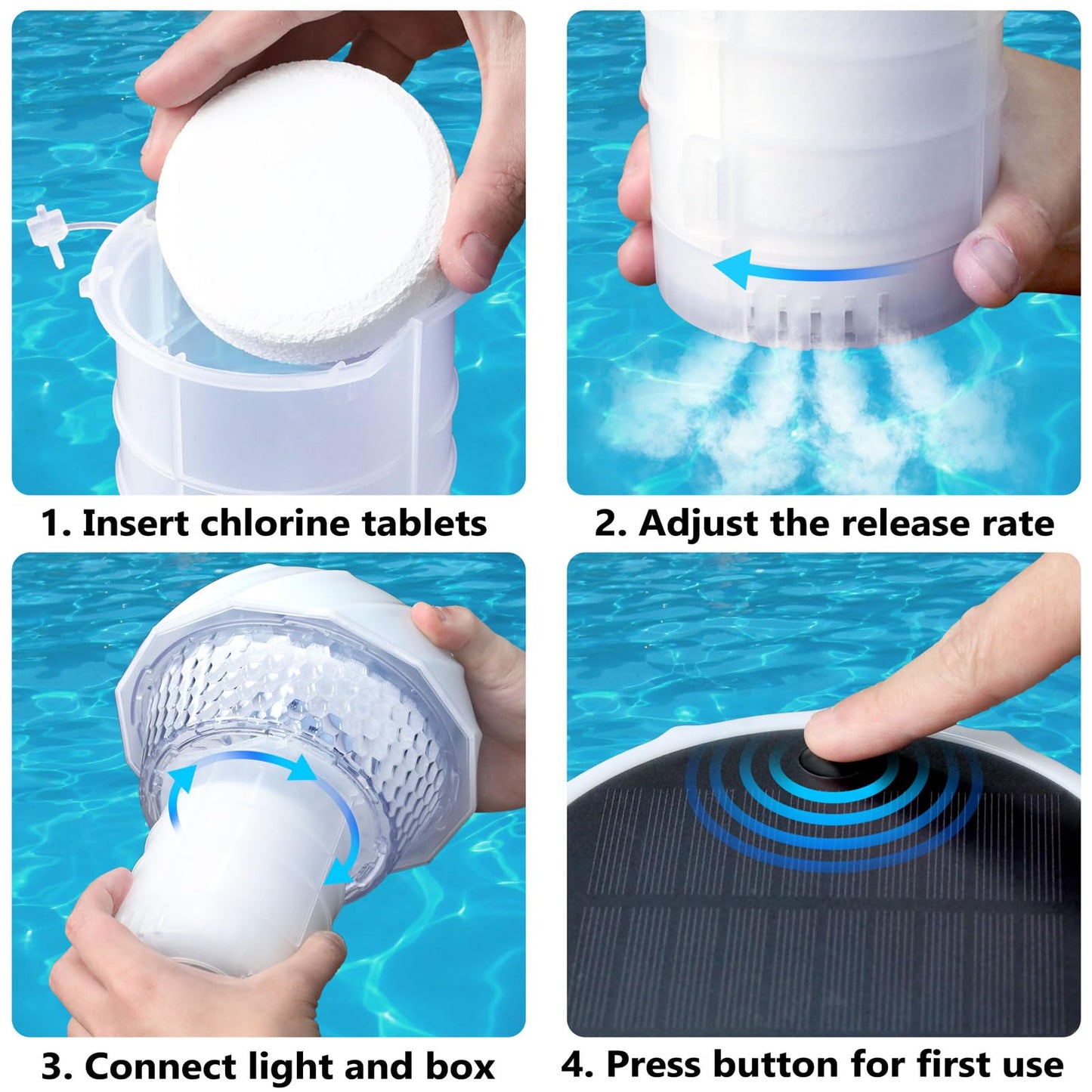 Blansong Solar Pool Chlorine Floater Adjustable Release Swimming Pool Chlorine Tablet Floater with Color Changing Floating Dispenser with Romote Control and Timer IP68 Waterproof