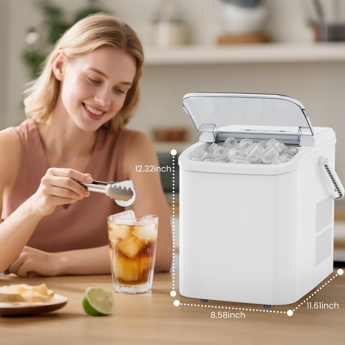 DUMOS Countertop Ice Maker with Handle, 26lbs/24H Portable Ice Machine, 9 Bullet Ice Cubes Ready in 6 Mins, Self-Cleaning, Quiet Compact Ice Maker for Home, Kitchen, RV, Camping, White