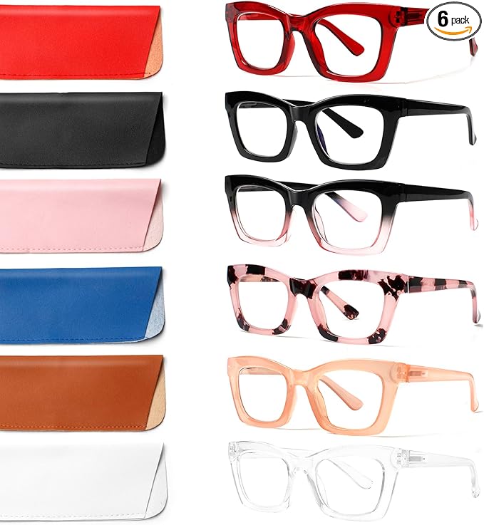 6 Pack Reading Glasses for Women Blue Light Blocking Computer Square Readers with Spring Hinge (Mix Color-5, 1.5, x)