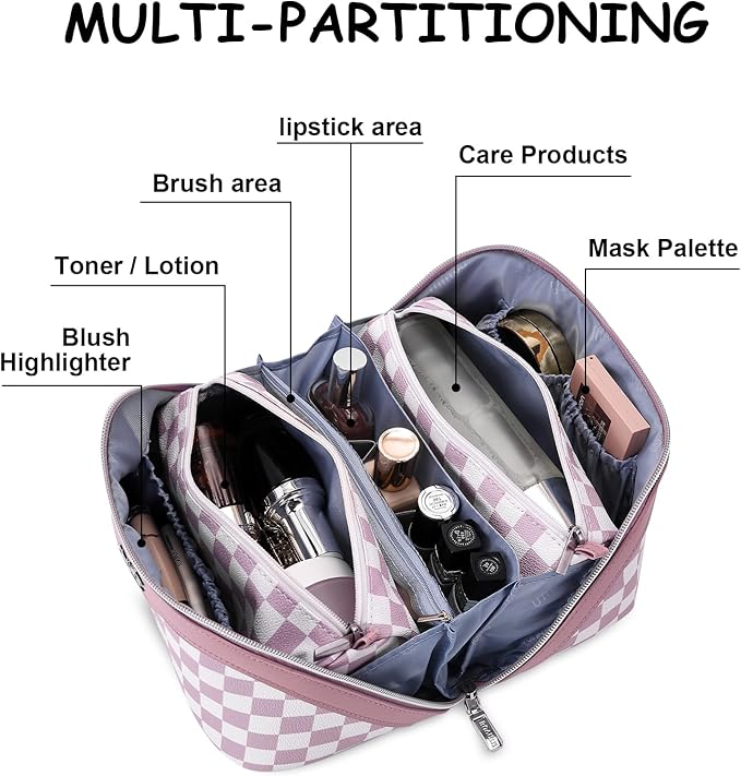 BOYATU Travel Makeup Bag Organizer Cosmetic Bag: 3 Pcs Set Make up Bags for Women with Handle - Waterproof Vegan Leather Toiletry Bag (01-G-Purple)