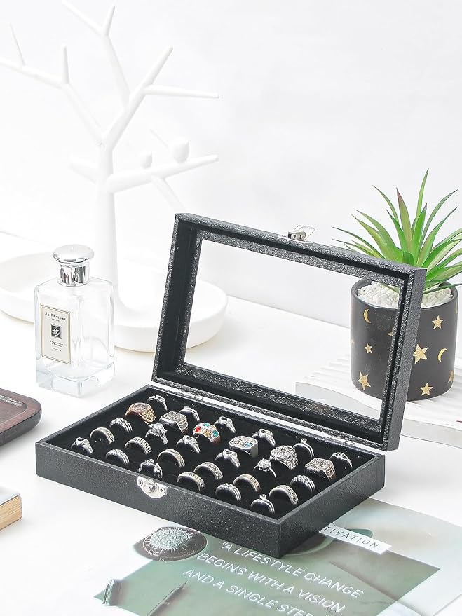 Ring Holder Organizer Box,Jewelry Ring Display Case, Earring Necklace Storage Tray With Top Glass Lid (Black, 30 Slots Ring)