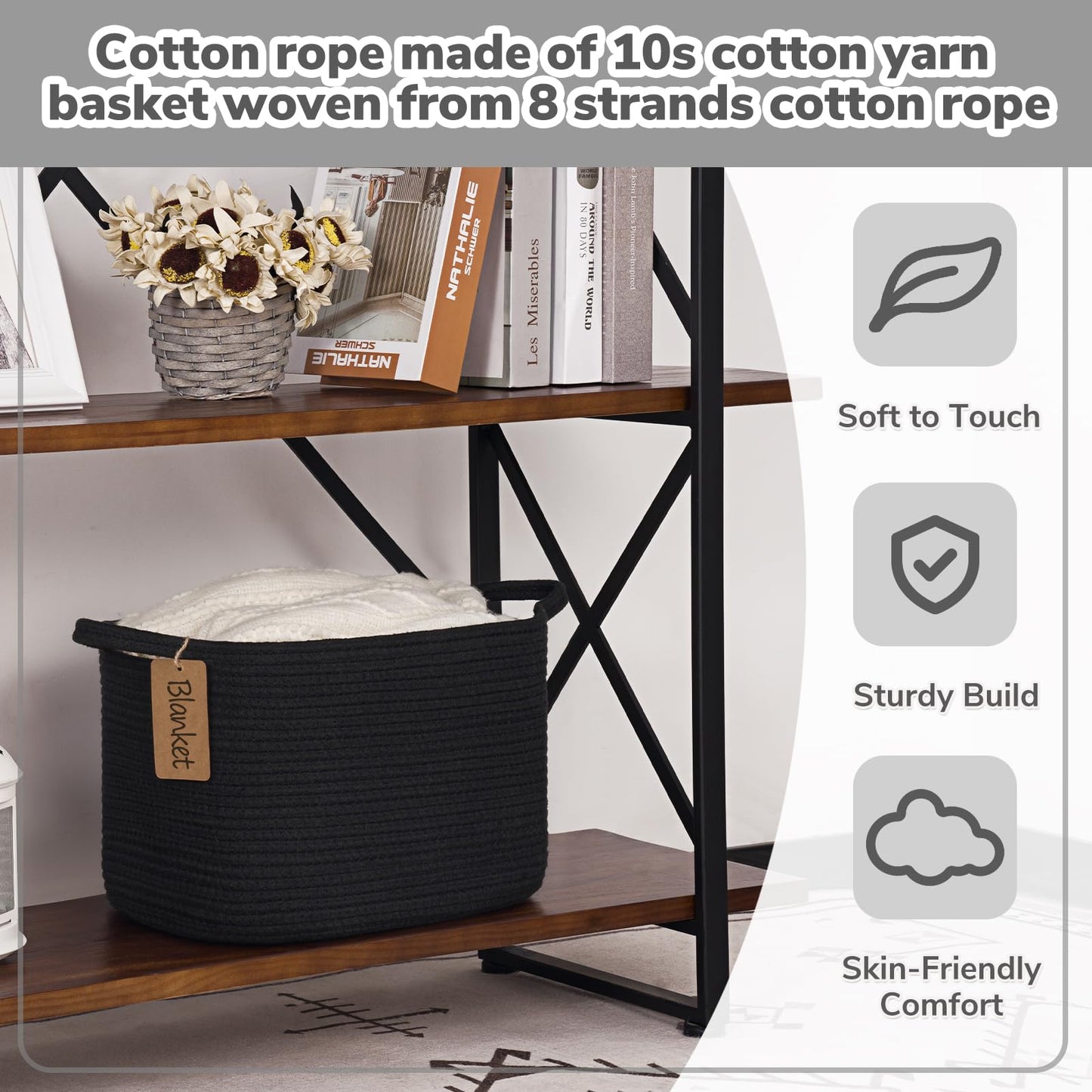 Goodpick Black Storage Basket for Shelves, Woven Baskets for Storage, Toy Baskets Storage Kids, Towel Basket with Handles for Living Room, Bathroom, 13 x 10 x 9 Inches