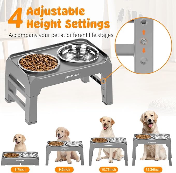 URPOWER 4 Height Adjustable Elevated Dog Bowls - 50oz Large Capacity Stainless Steel Bowls, No-Spill Edge, Non-Slip Stand for Small, Medium, Large Dogs & Pets