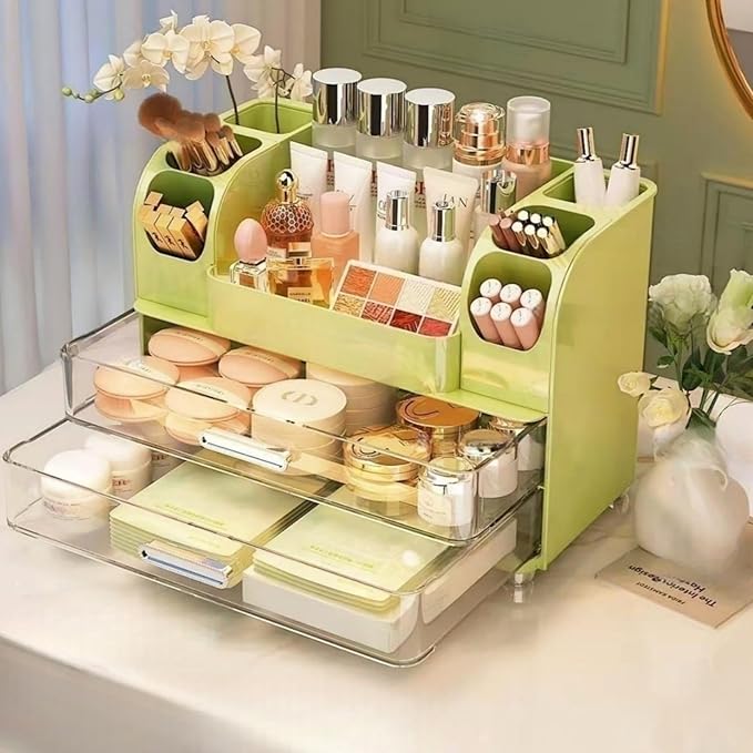 Makeup Organizer with Drawers for Vanity,Bathroom Countertop Organizer with Brushes Holder,Skincare Storage Organizer,Perfect Cosmetic Display Case for Skincare,Lipstick and Beauty Essential (Green)