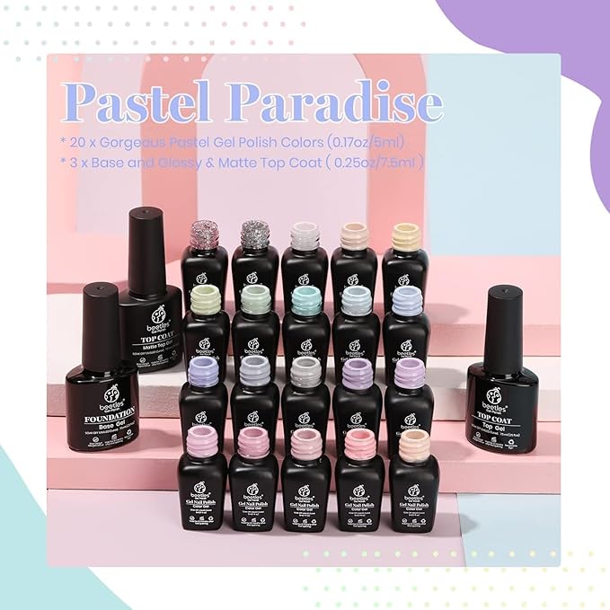Beetles Pink Gel Nail Polish Set, 20 Color Macaron Colors Bright Pink Green Pastel Nail Polish Kit with Base Gel Glossy & Matte Top Coat Soak off Uv Nail Art Valentines Spring Gifts for Women