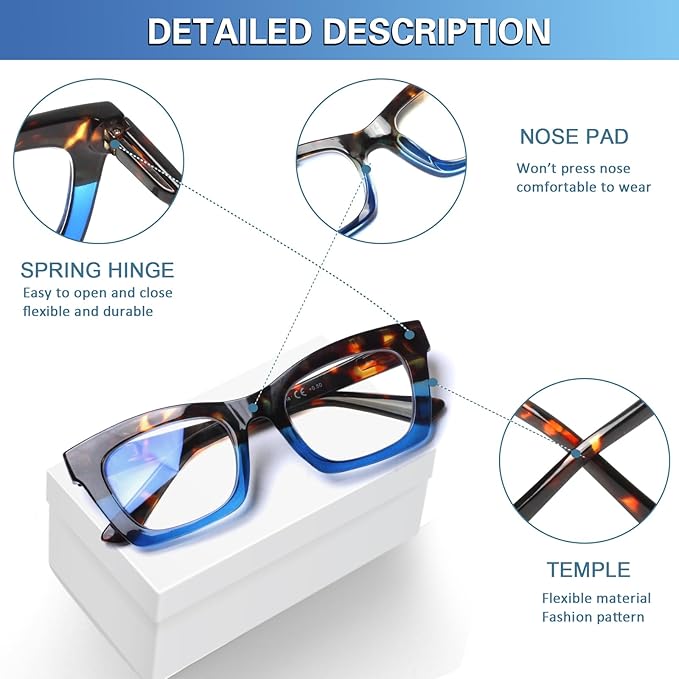 6 Pack Reading Glasses for Women Blue Light Blocking Computer Square Readers with Spring Hinge (Mix Color-1, 1.25, x)