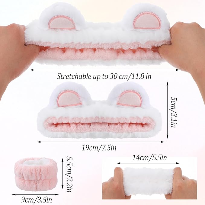 3Pcs Face Wash Headband with Wrist Towels, Soft Elastic Bear Ears Spa Headband Face Wash Hair Band Wristband Makeup Headbands for Women Skincare Bath Shower