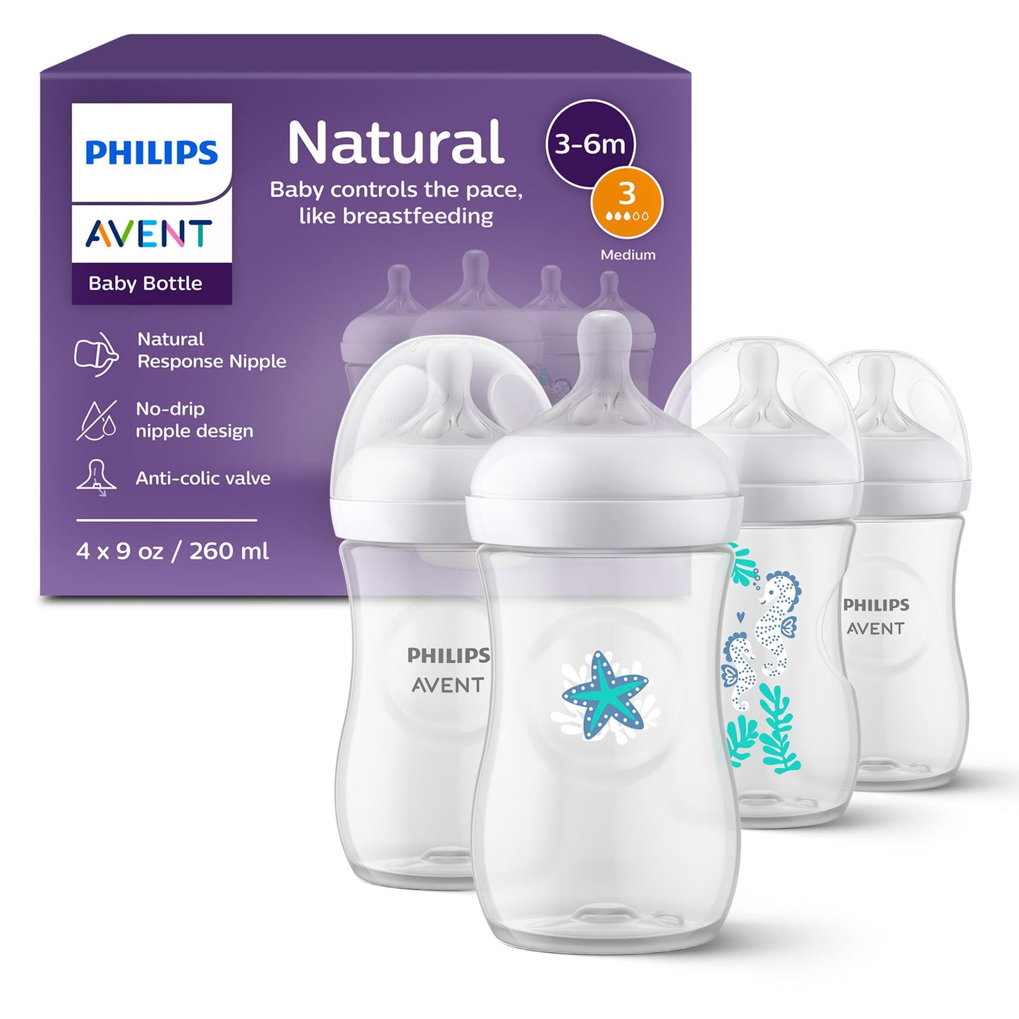 Philips Avent Natural Baby Bottles with Natural Response Nipples (Medium Flow, Flow 3), with Seahorse and Starfish Design, 9oz, 4-Pack, SCY903/68