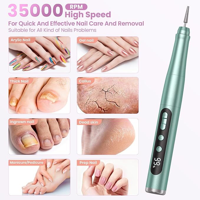 Cordless Nail Drill 35000RPM, Portable Electric Nail File for Acrylic Gel Nails, Professional Manicure Pedicure Kit, Rechargeable efile Set for feet with LCD Display, Low Noise Low Vibration-Green