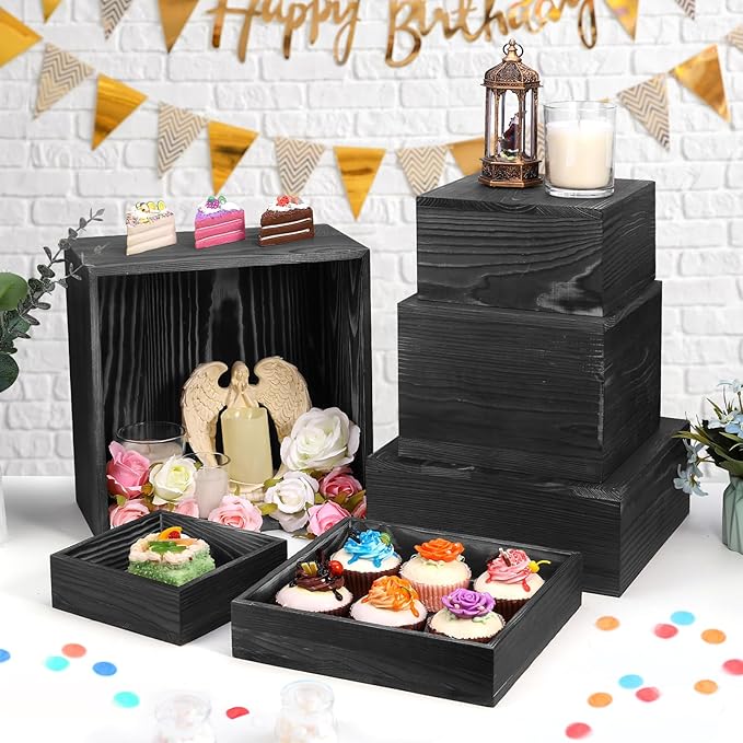 6 Pack Wooden Risers Display Stands Square Food Risers for Buffet Party Rustic Wood Cake & Cupcake Stands Nesting Box Wooden Crates for Display