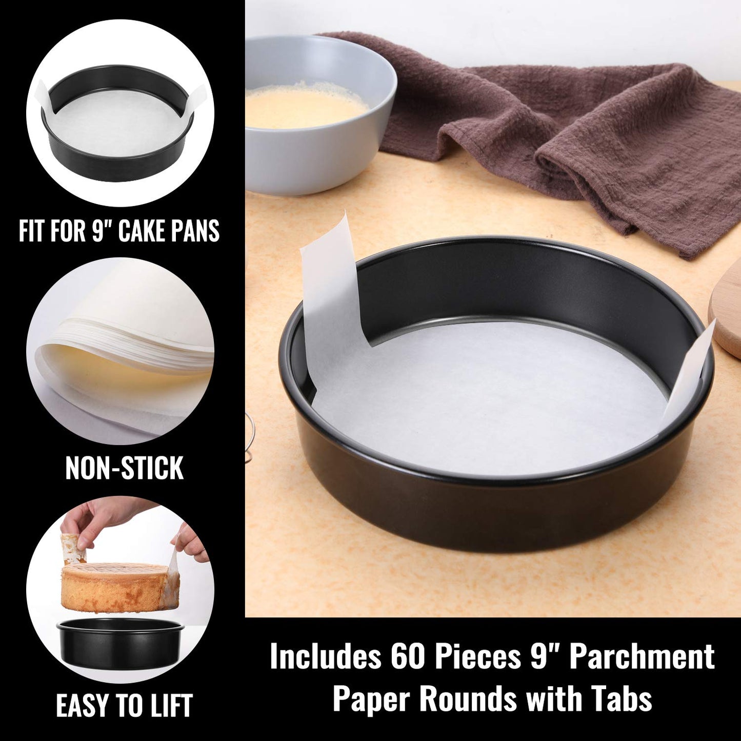 HIWARE 9-Inch Round Cakes Pan Set with 60 Pieces Parchment Paper Rounds, Nonstick Baking Cake Pans, Dishwasher Safe - Set of 2
