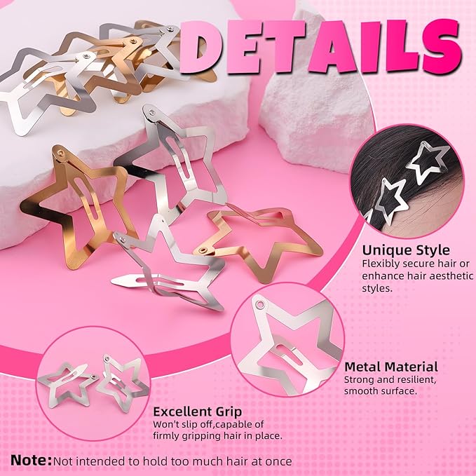 16 PCS Gold Silver Star Hair Clips, 1.57 Inch Y2K Accessories Snap Hair Clips, Non-Slip Small Star Barrettes Metal Accessories for Girls Women, Cool Mini Fashion Ornament Set for Rave Decor