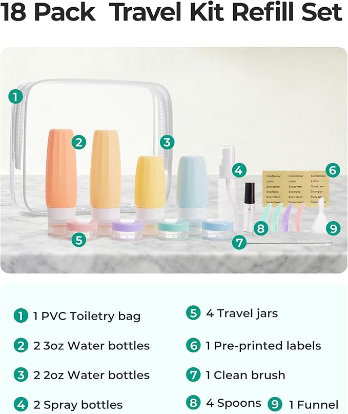 BAGSMART 18 Pack TSA Approved Travel Bottles for Toiletries, Leak Proof Silicone Travel Size Containers Bottles for Shampoo, Purple